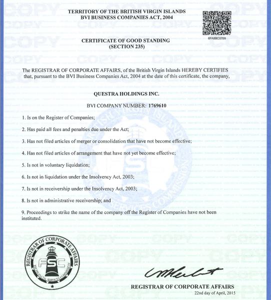 Questra документы о регистрации